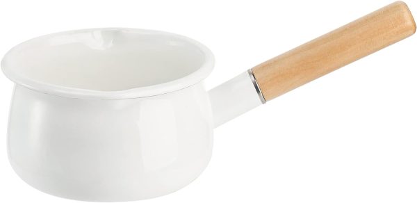 1 Quart Enamel Milk Pan with Dual Pour Spout, Small Enamel on Steel Saucepan Milk Pot Butter Warmer with Wooden Handle, Stove Top Soup Pot Simmer Pot for Home Kitchen Cooking Heating Boiling