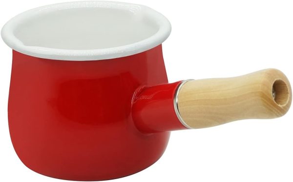 Mini Enamel Milk Pot 4 Inch 17 Oz Dual spount with Wooden Handle, Small Sauce Pan Perfect Size for Heating Smaller Liquid Portions (Red）