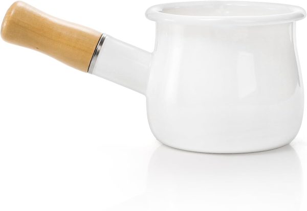 Enamel Milk Pot, 0.6 Quart Mini Butter Warmer Saucepan with Insulated Wooden Handle and Dual Pour Spout, Nonstick Small Soup Pot for Stove Top, Home, Kitchen, Cooking, Heating, Boiling, 18 Oz