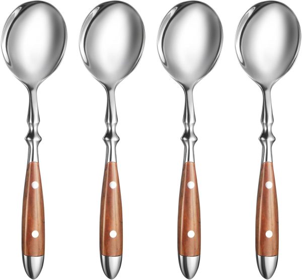 Soup Spoons，4Pcs Soup Spoons Set，Stainless Steel 18/8 Spoons with Comfortable Bakelite Handle，Heavy-Weight Metal Round Spoons，Wood Grain Handle