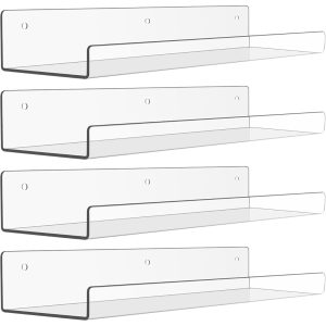 6 Pack Acrylic Shelves for Wall Storage, 15" x 4“ Floating Bookshelves for Kids, Display Shelf Organizer for Bathroom, Bedroom, Living Room, Kitchen, Room Decor, Clear