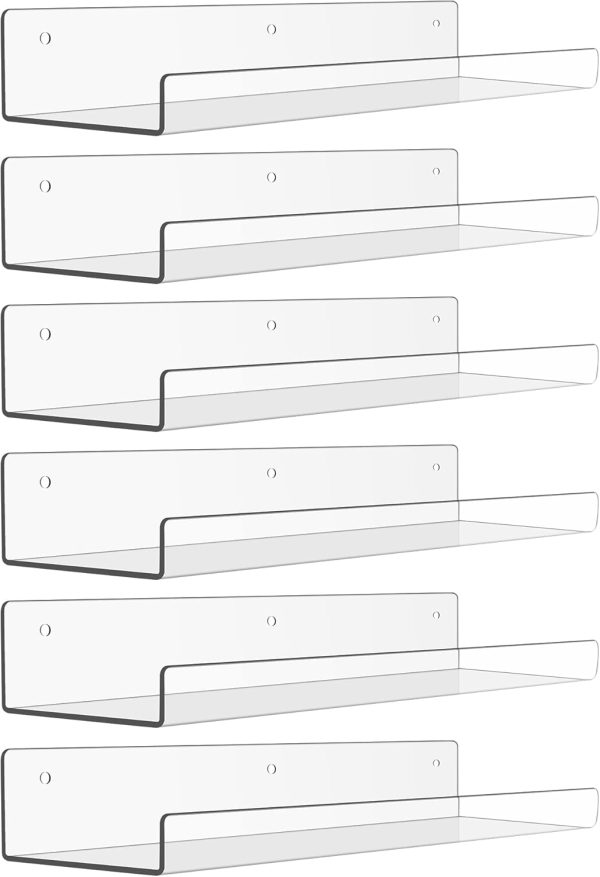 6 Pack Acrylic Shelves for Wall Storage, 15" x 4“ Floating Bookshelves for Kids, Display Shelf Organizer for Bathroom, Bedroom, Living Room, Kitchen, Room Decor, Clear