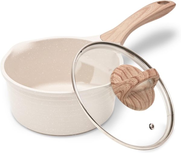 1.5 Quart Saucepan with Lid Nonstick Stone Coating Sauce Pan Milk Pan for Cooking Inudction Pot(Beige)