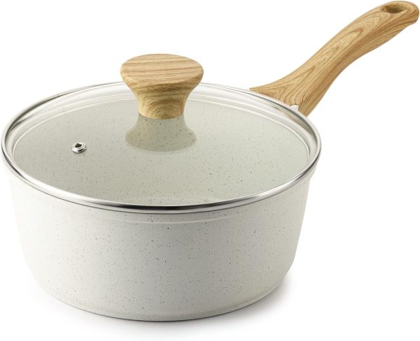 White Ceramic Nonstick Saucepan with Lid 1.5 Quarts, Small Cooking Pot with Stay Cool Handle, Induction Compatible Saucepot, White Granite Coating,  Free