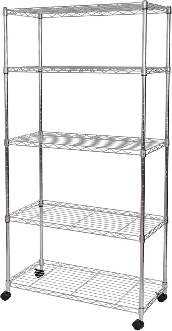 5-Tier Wire Shelving with Wheels, 5-Tier, 30"" W x 14"" D (NEW MODEL), Chrome Plating, Plated Steel