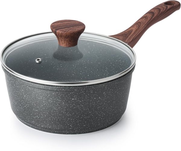 Nonstick Saucepan with Lid, 1.5 Quarts Small Pot with Swiss Granite Coating, Stay-cool Handle, Multipurpose Handy Sauce Pot Small Kitchen Cooking Pot, Induction Comptable,  Free