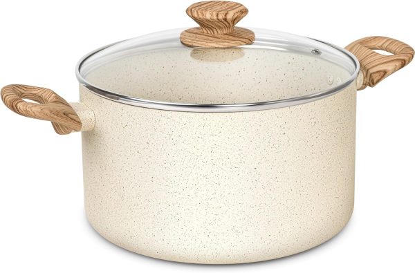 Nonstick Stock Pot - 6 Quart Cooking Pot White Granite, Soup Pot with Lid, Non Stick Pot with Stay-cool Handle, Non-Toxic, Induction Compatible